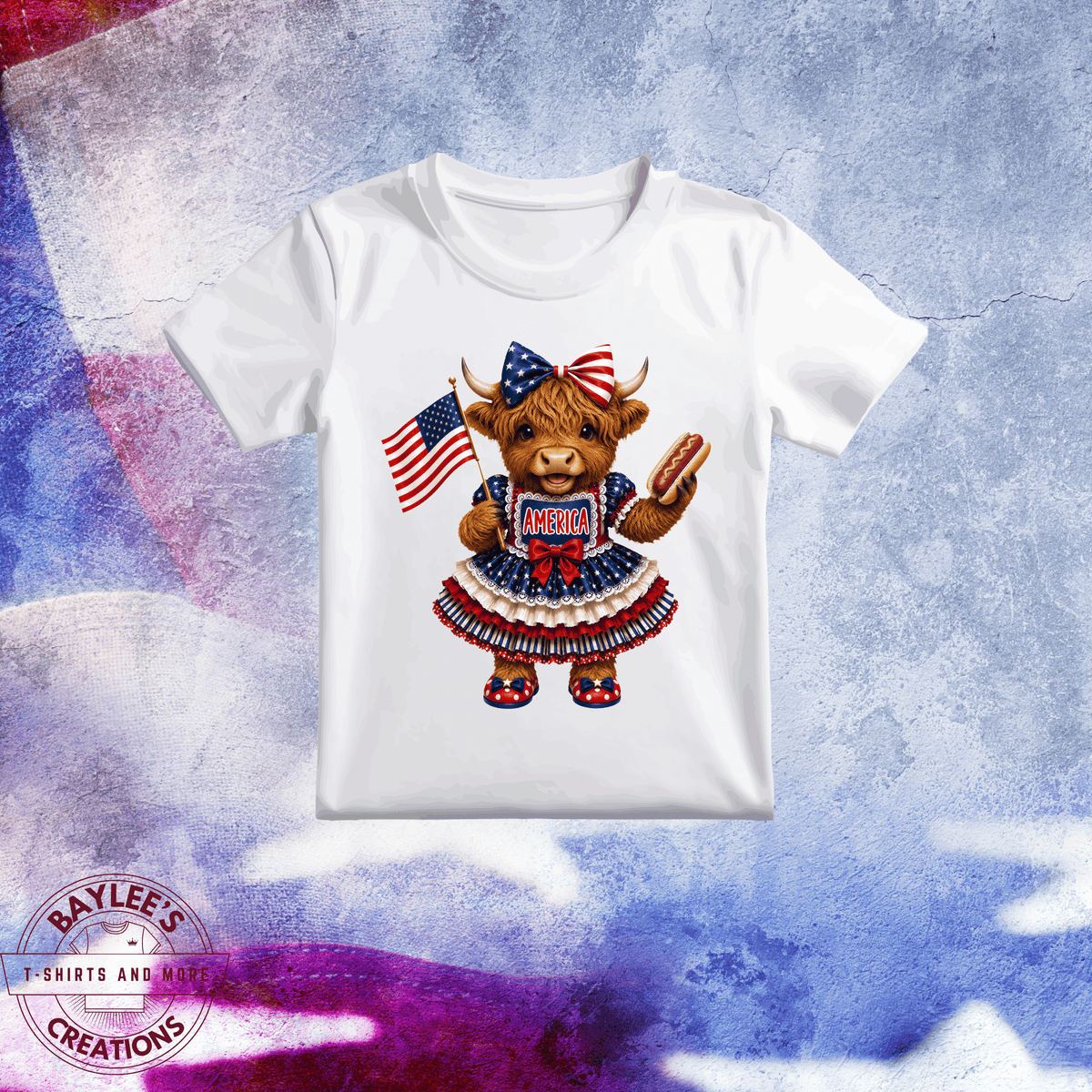 America 250TH Highland Cow Patriotic Unisex T-Shirt printed apparel by Baylees Creations