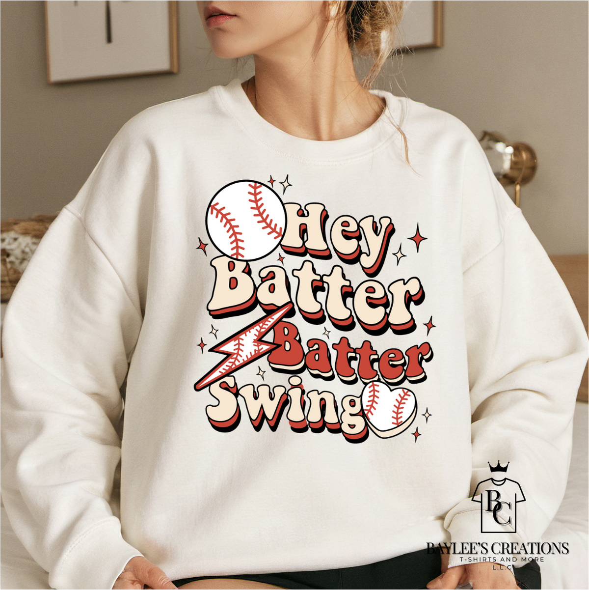 Hey Batter Batter Swing - Women's Baseball Sweatshirt printed apparel by Baylees Creations