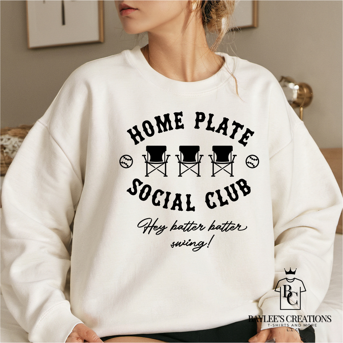 Home Plate Social Club - Women's Cute Baseball Sweatshirt printed apparel by Baylees Creations