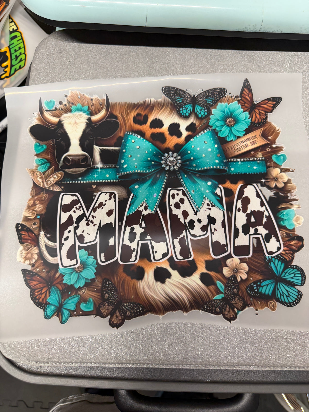 Mama Turquoise Cowhide DTF Transfer ready-to-press DTF transfer