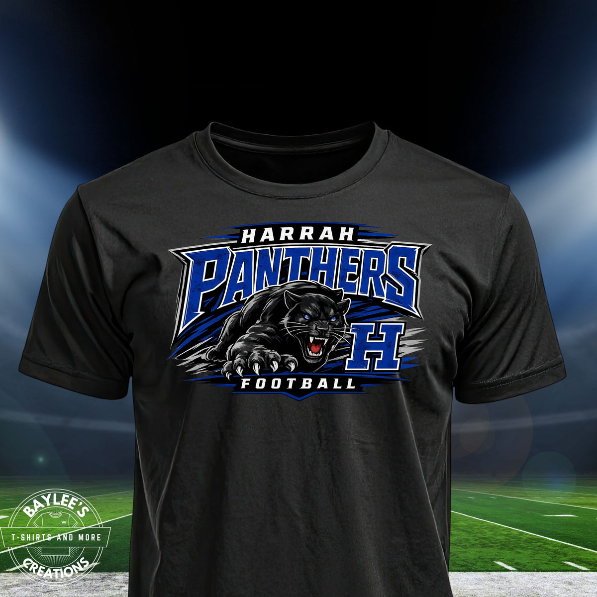 Harrah Panthers Football Unisex T-Shirt printed apparel by Baylees Creations