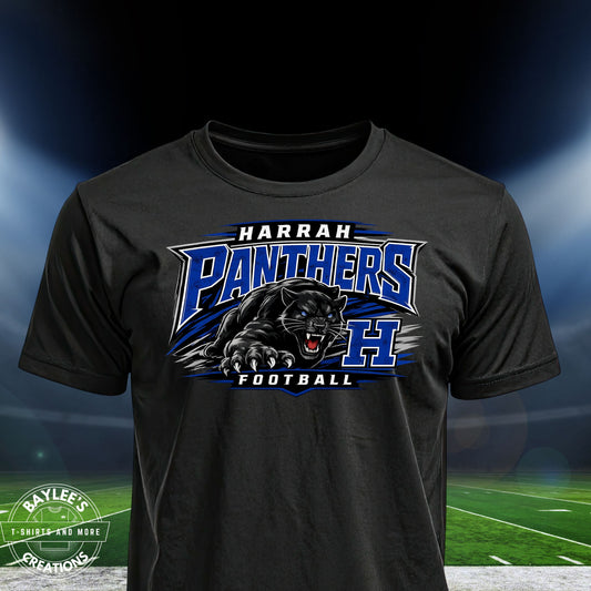 Harrah Panthers Football Unisex T-Shirt printed apparel by Baylees Creations