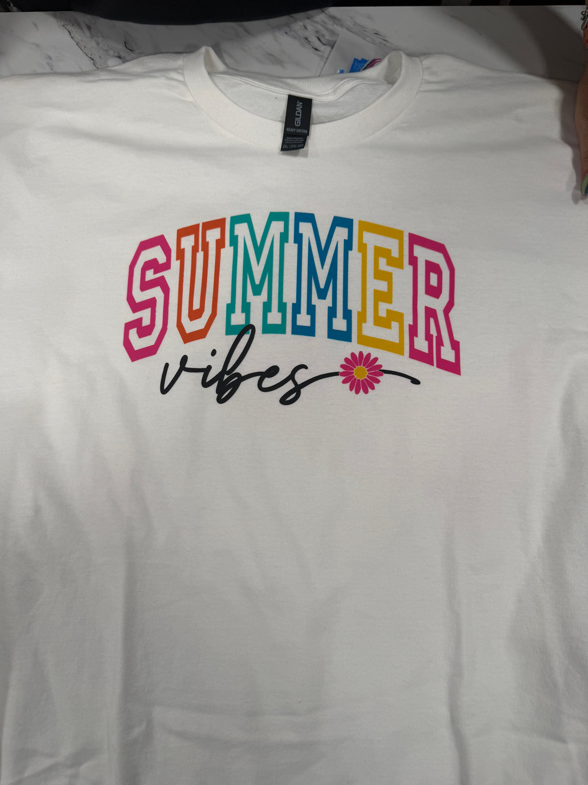 Summer Vibes graphic on women's t-shirt