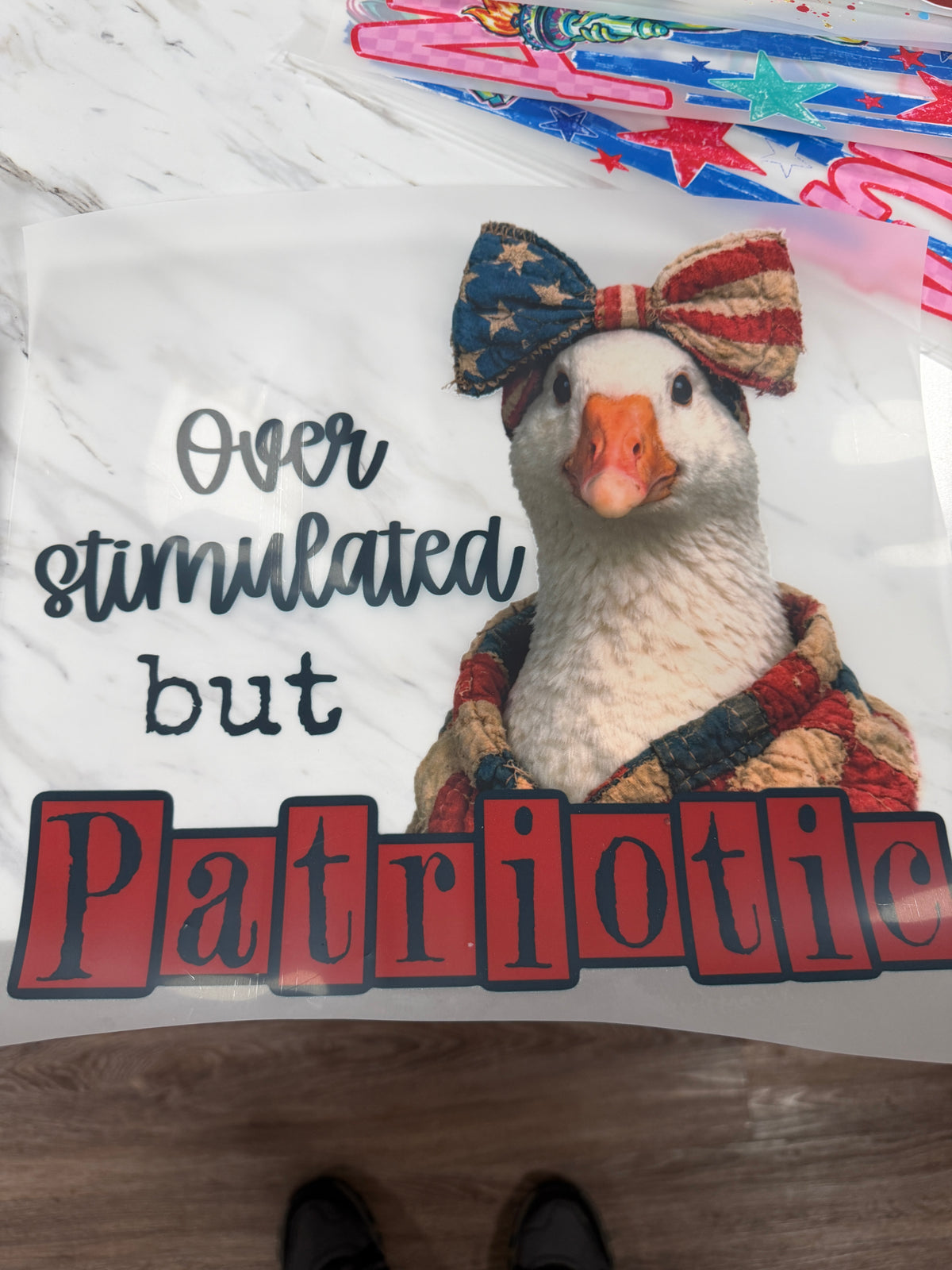 Overstimulated but Patriotic DTF transfer design