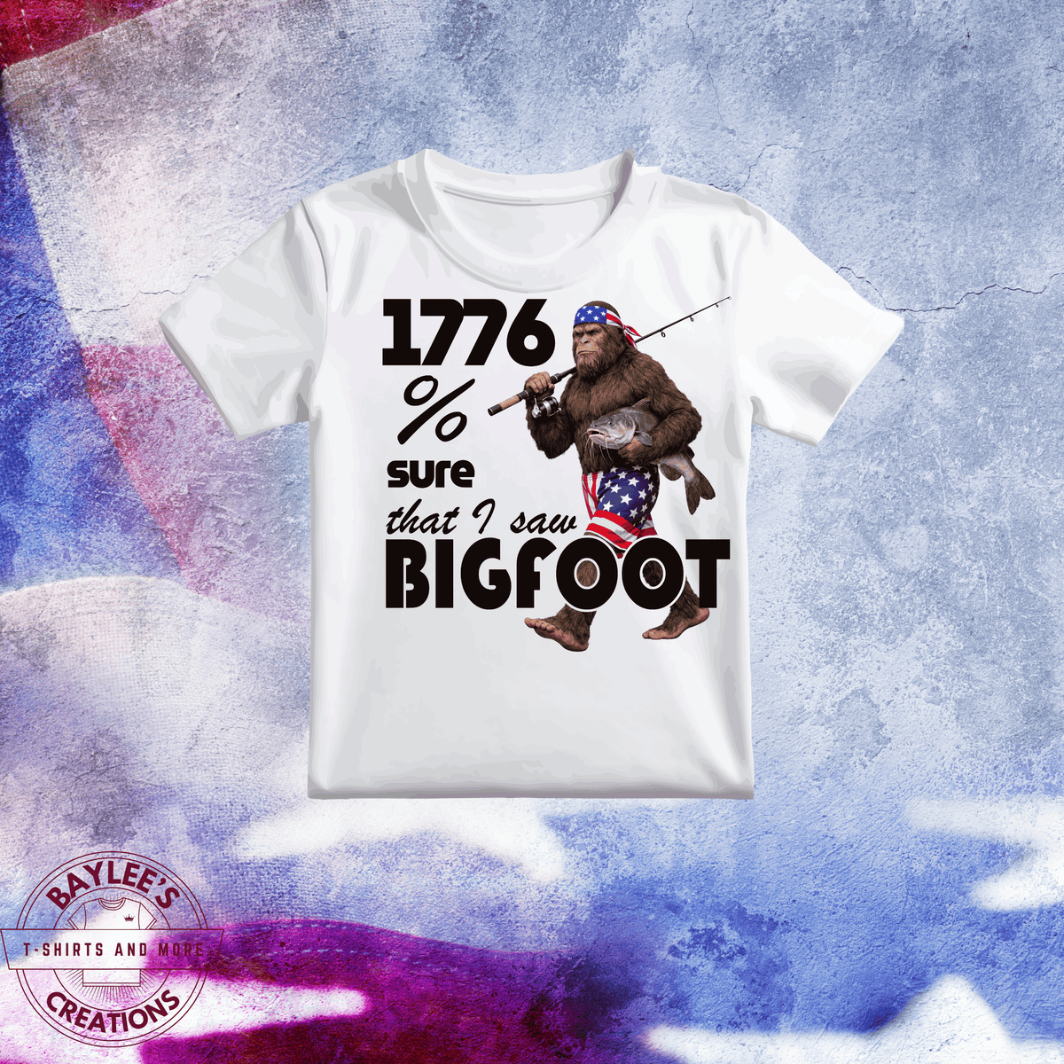 Patriotic Bigfoot Unisex T-Shirt printed apparel by Baylees Creations