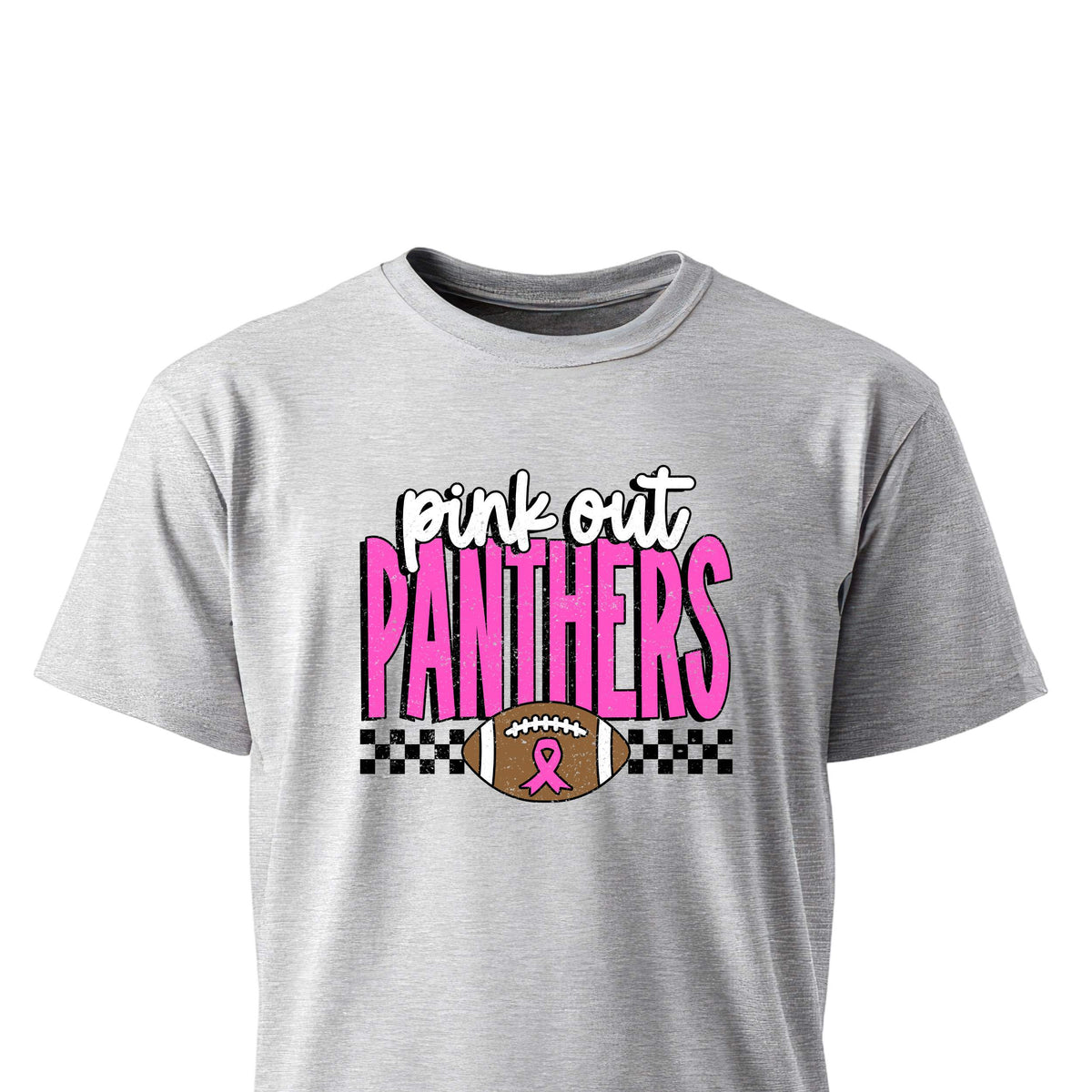 Harrah Panthers Pink Out design with football and pink ribbon on unisex t-shirt