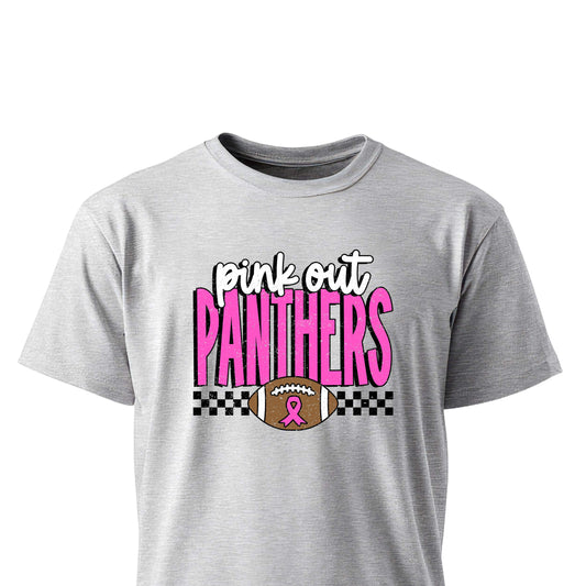 Harrah Panthers Pink Out design with football and pink ribbon on unisex t-shirt