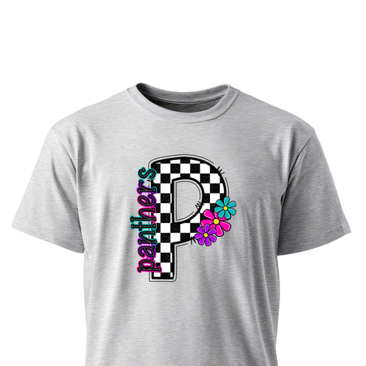 Checkered Panthers letter P with teal, purple, and pink flowers on unisex t-shirt