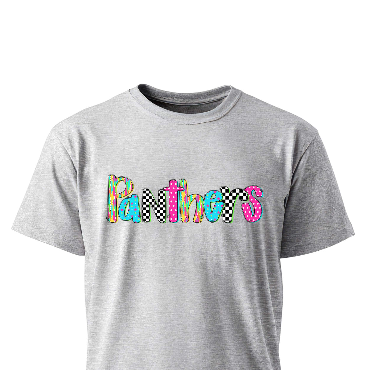Colorful patterned PANTHERS lettering on checkered background, unisex t-shirt