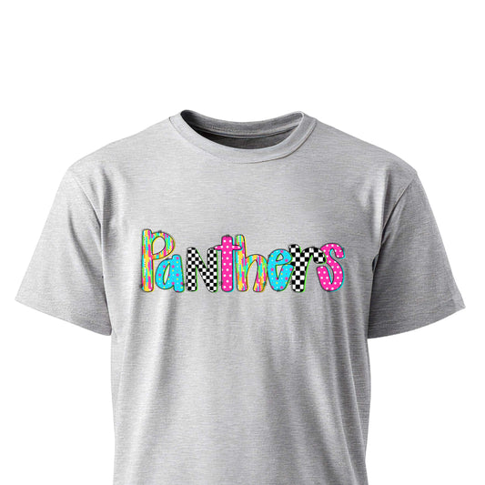 Colorful patterned PANTHERS lettering on checkered background, unisex t-shirt