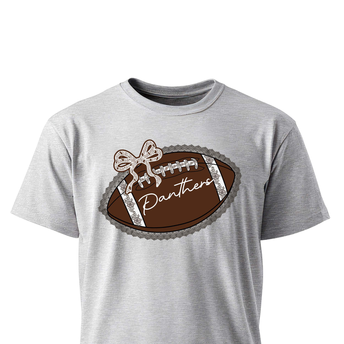 Lace and floral football design with Panthers script on unisex t-shirt