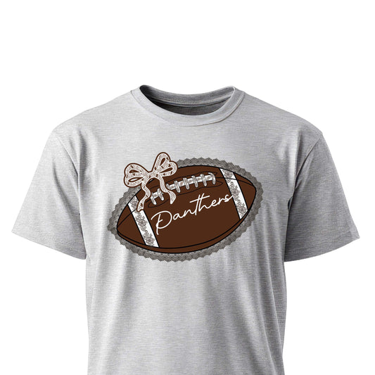 Lace and floral football design with Panthers script on unisex t-shirt