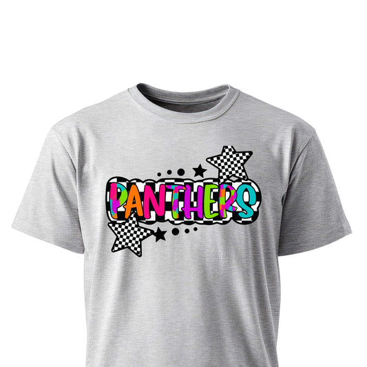 Colorful PANTHERS wordmark with checkered stars on unisex t-shirt