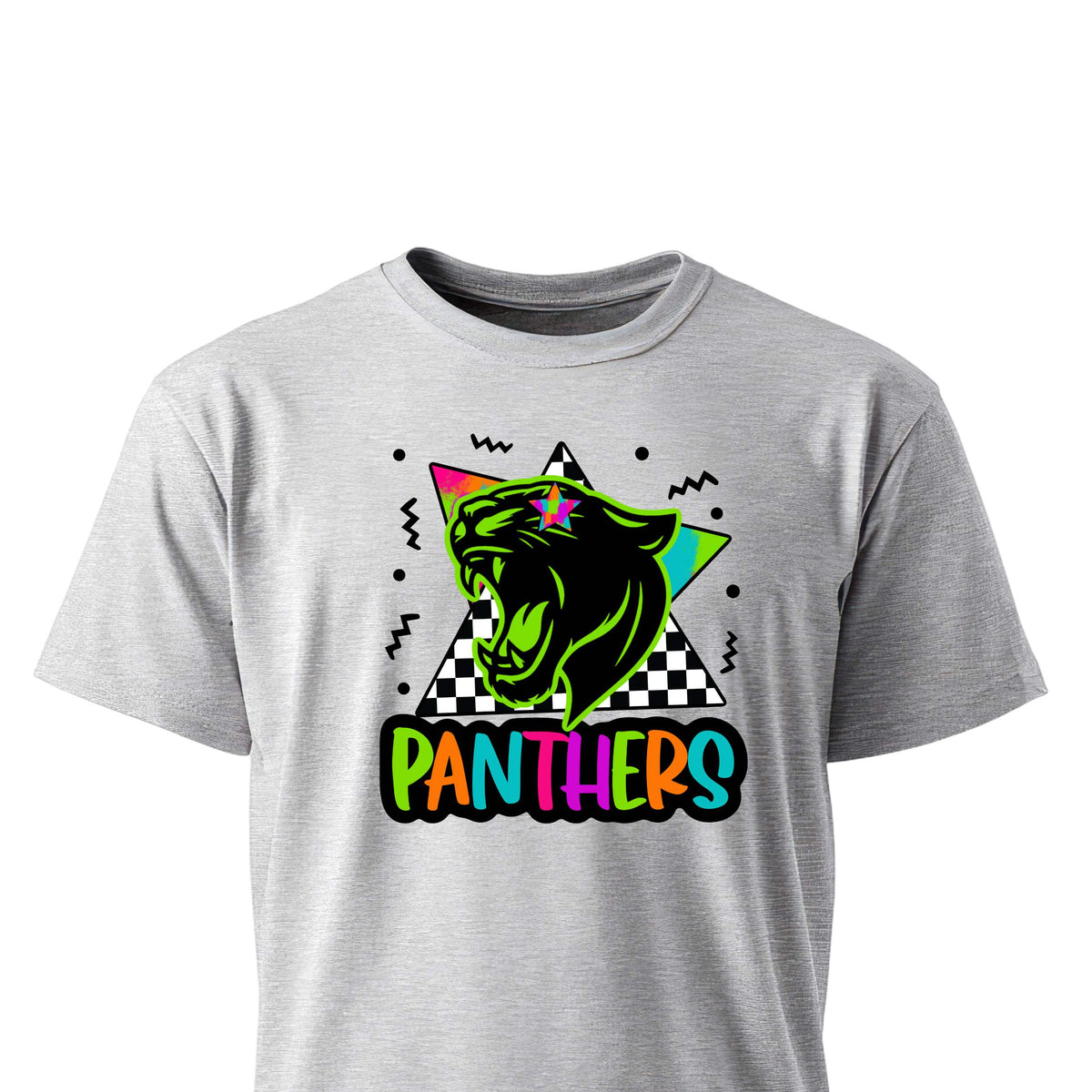 Retro green and black roaring panther mascot with PANTHERS text on unisex t-shirt