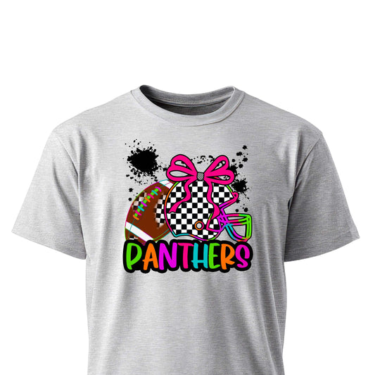 Checkered football and helmet with pink bow, PANTHERS text on unisex t-shirt