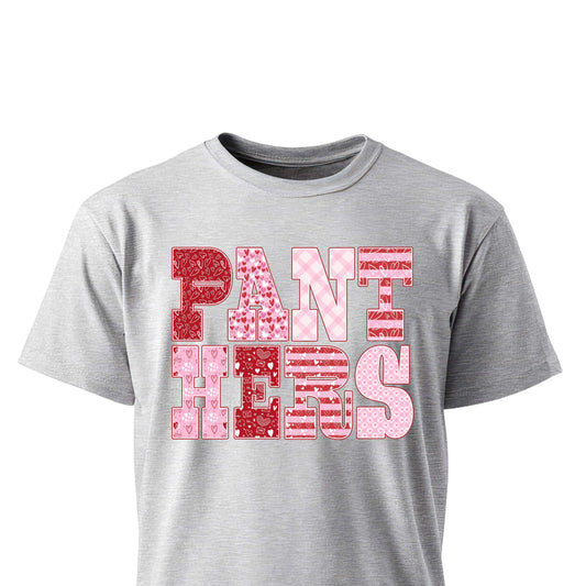 Pink and red heart-patterned PANTHERS block lettering on unisex t-shirt