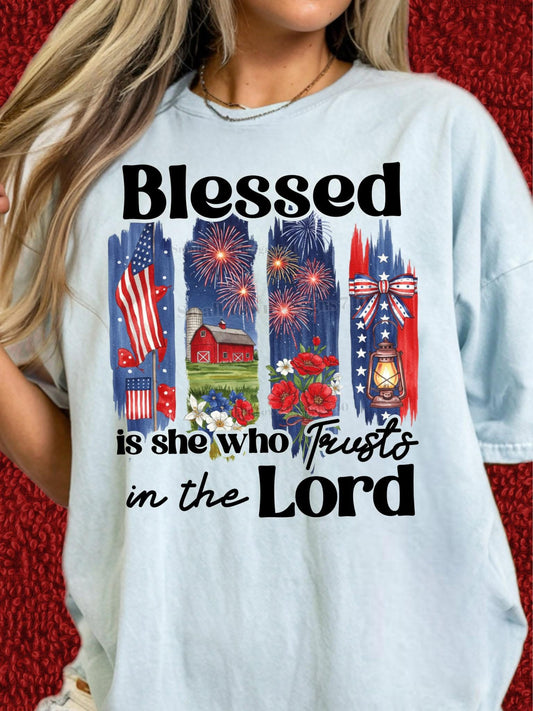 Blessed Is She Who Trusts in the Lord Patriotic Women's Faith T-Shirt printed apparel by Baylees Creations