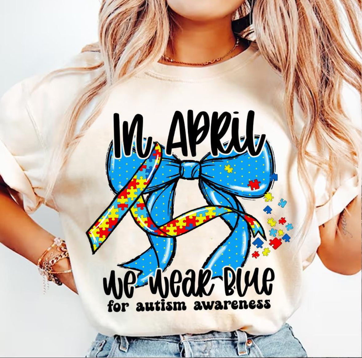 In April We Wear Blue Autism Awareness Shirt - Unisex T-Shirt printed apparel by Baylees Creations