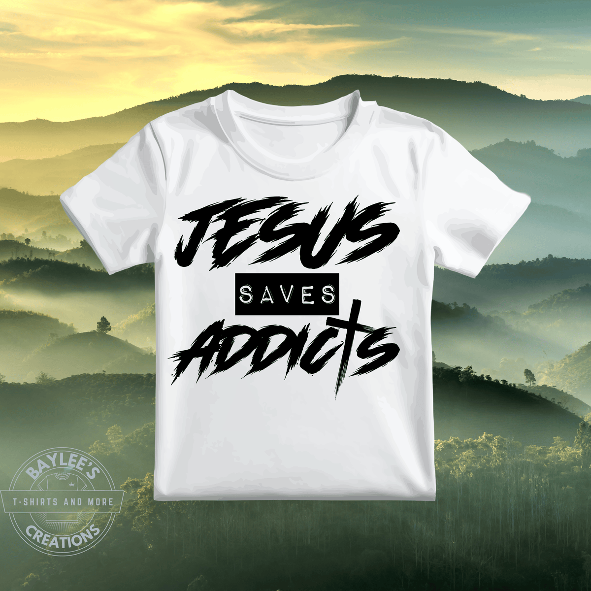 Jesus Saves Addicts Christian T-Shirt printed apparel by Baylees Creations