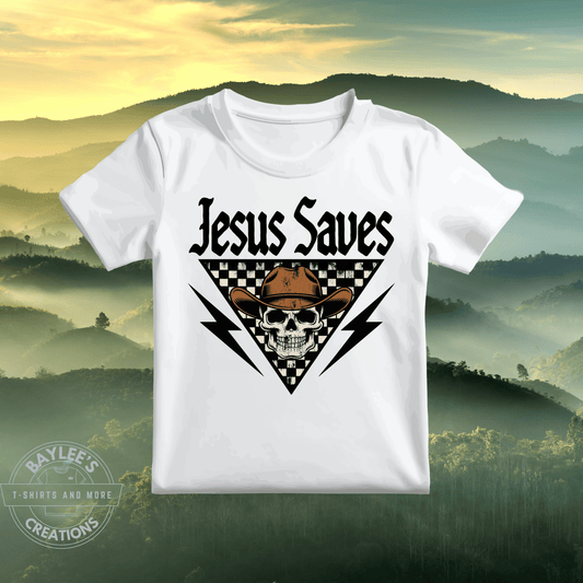 Jesus Saves Western Christian T-Shirt printed apparel by Baylees Creations