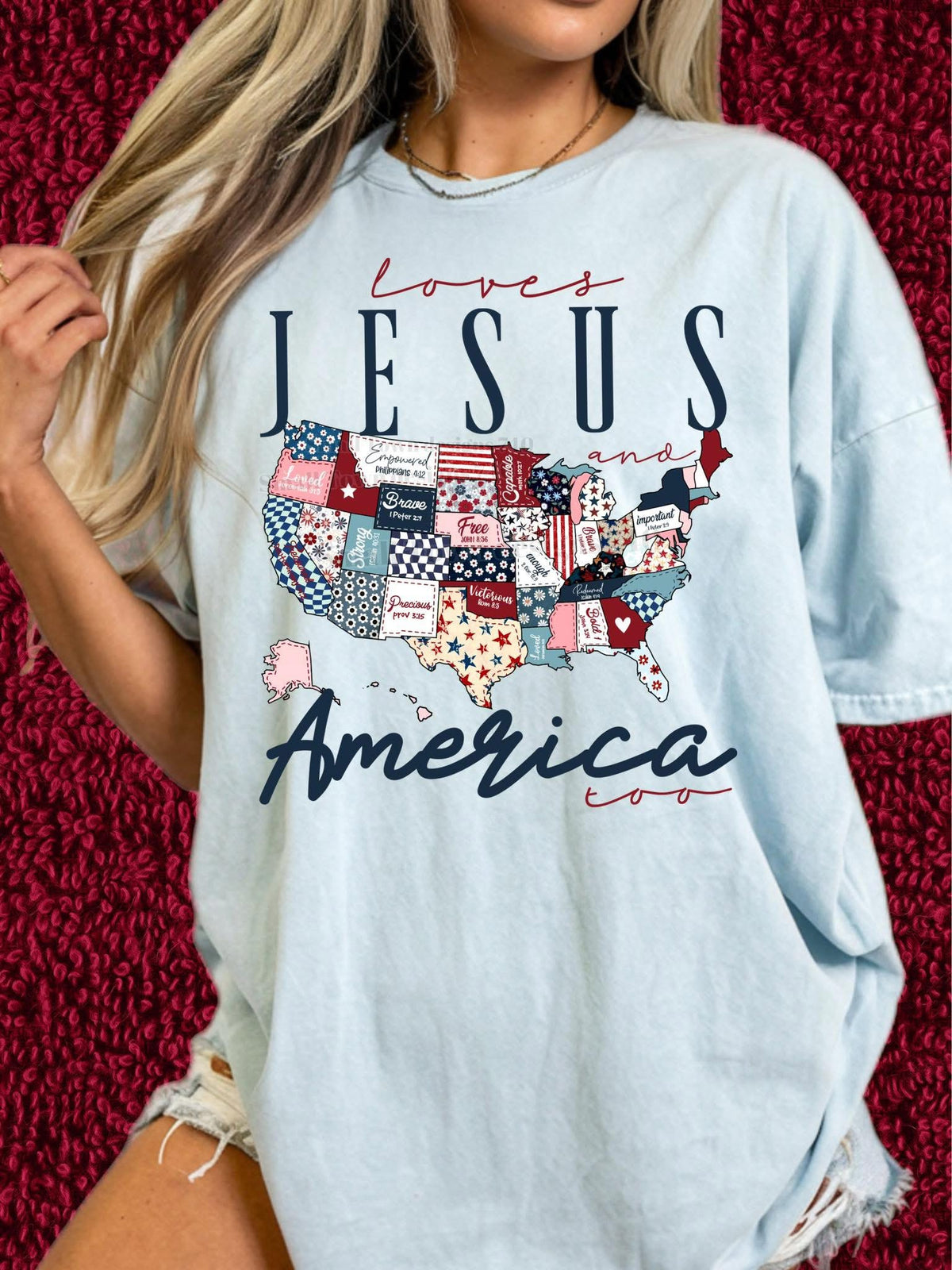 Loves Jesus and America Too Patriotic Women's T-Shirt printed apparel by Baylees Creations