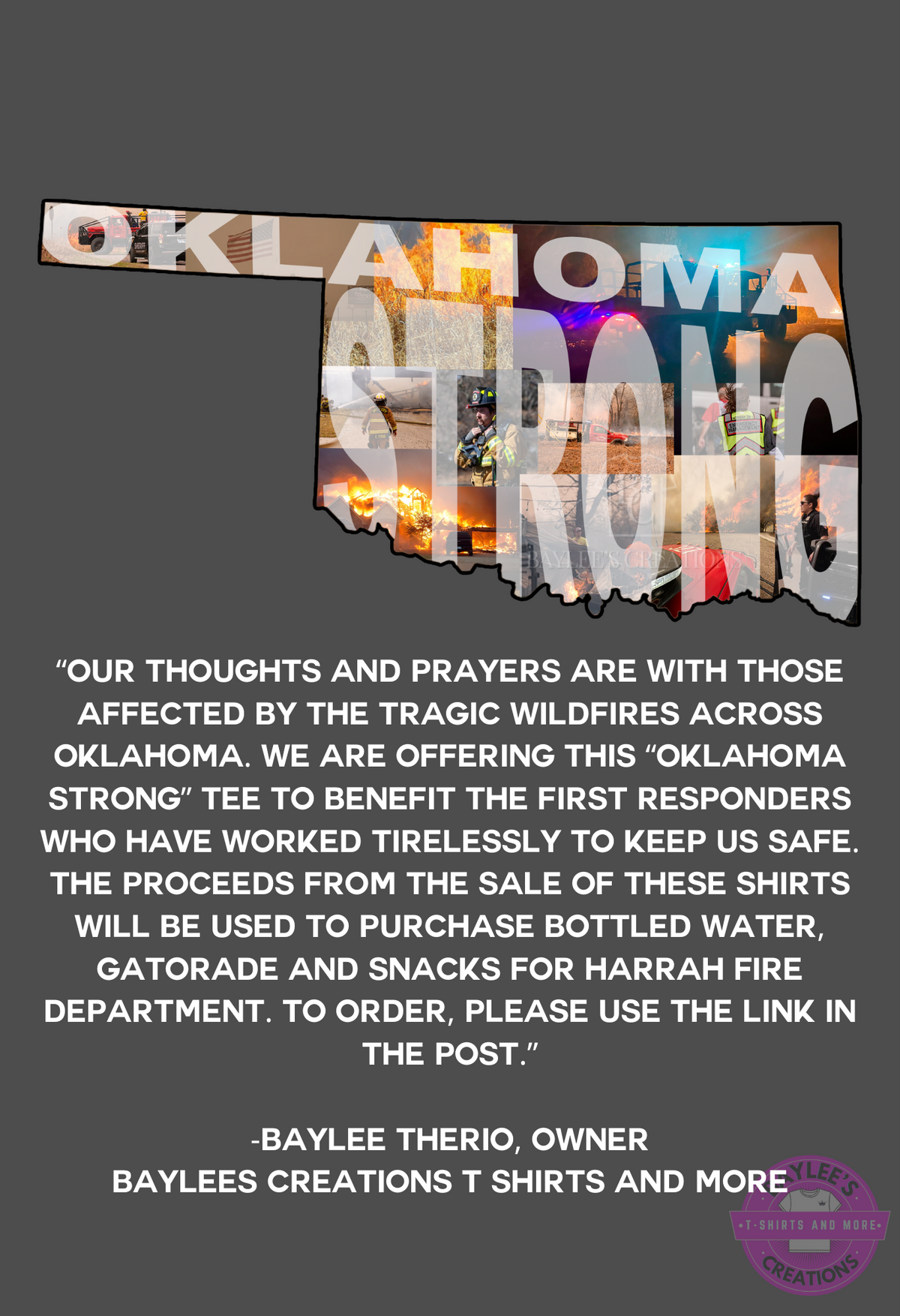 Oklahoma Strong Wildfire Benefit Shirt - Unisex T-Shirts custom printed shirt by Baylee's Creations