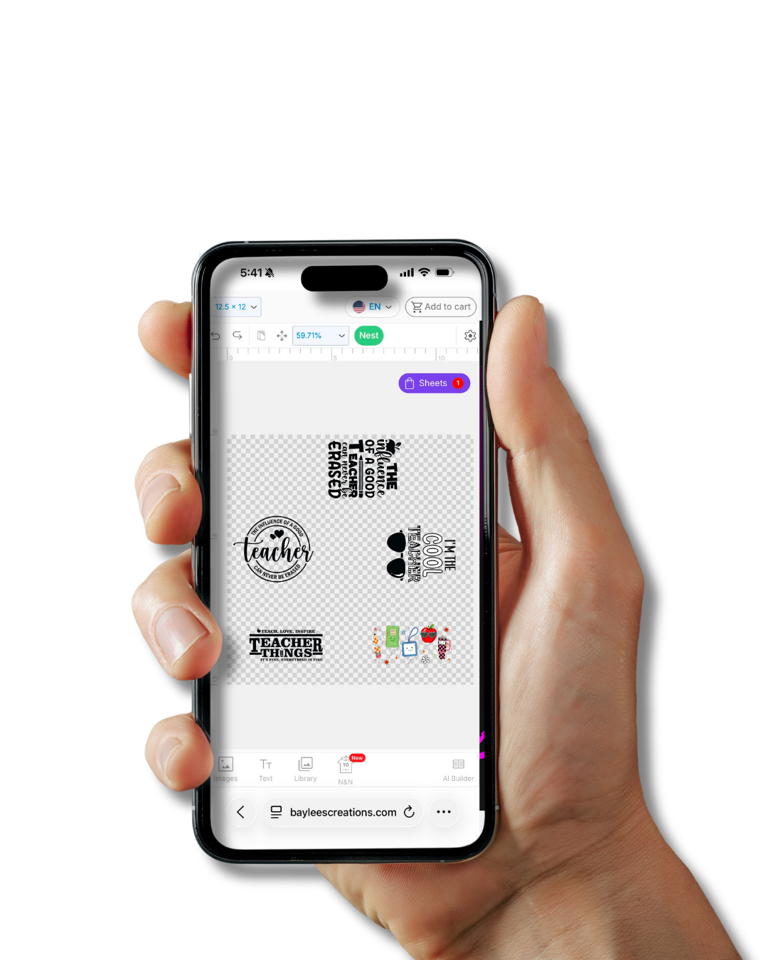 Hand holding a phone displaying Baylee's mobile DTF gang sheet builder