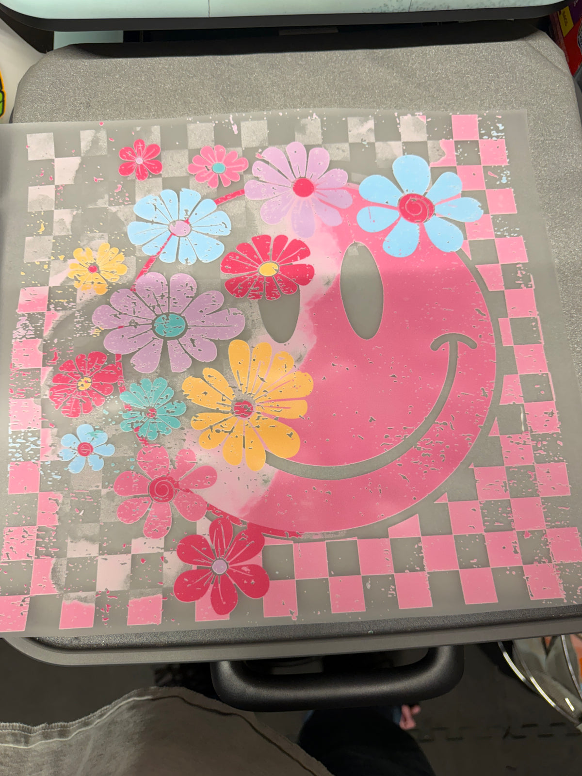 Pink Floral Smiley Checkerboard DTF Transfer ready-to-press DTF transfer