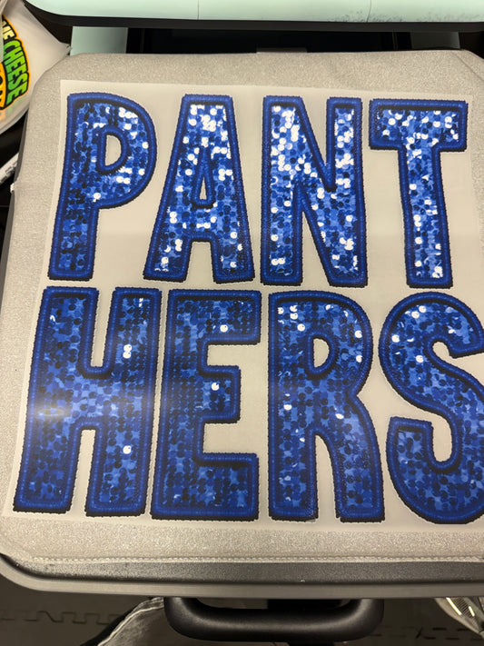 Panthers Blue Glitter Wordmark DTF Transfer ready-to-press DTF transfer