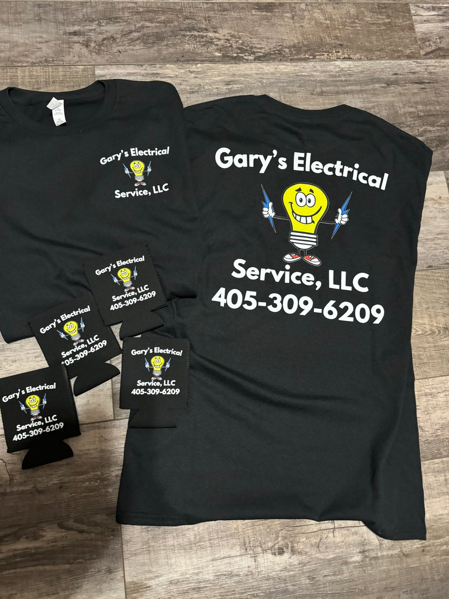 Completed Gary's Electrical Service apparel and koozie order
